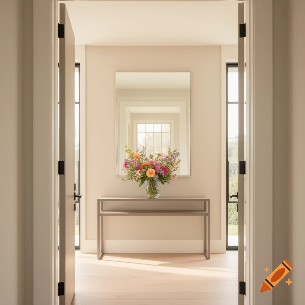 Modern, bright home entrance with an open doorway, a console table holding colorful flowers, and a large mirror.