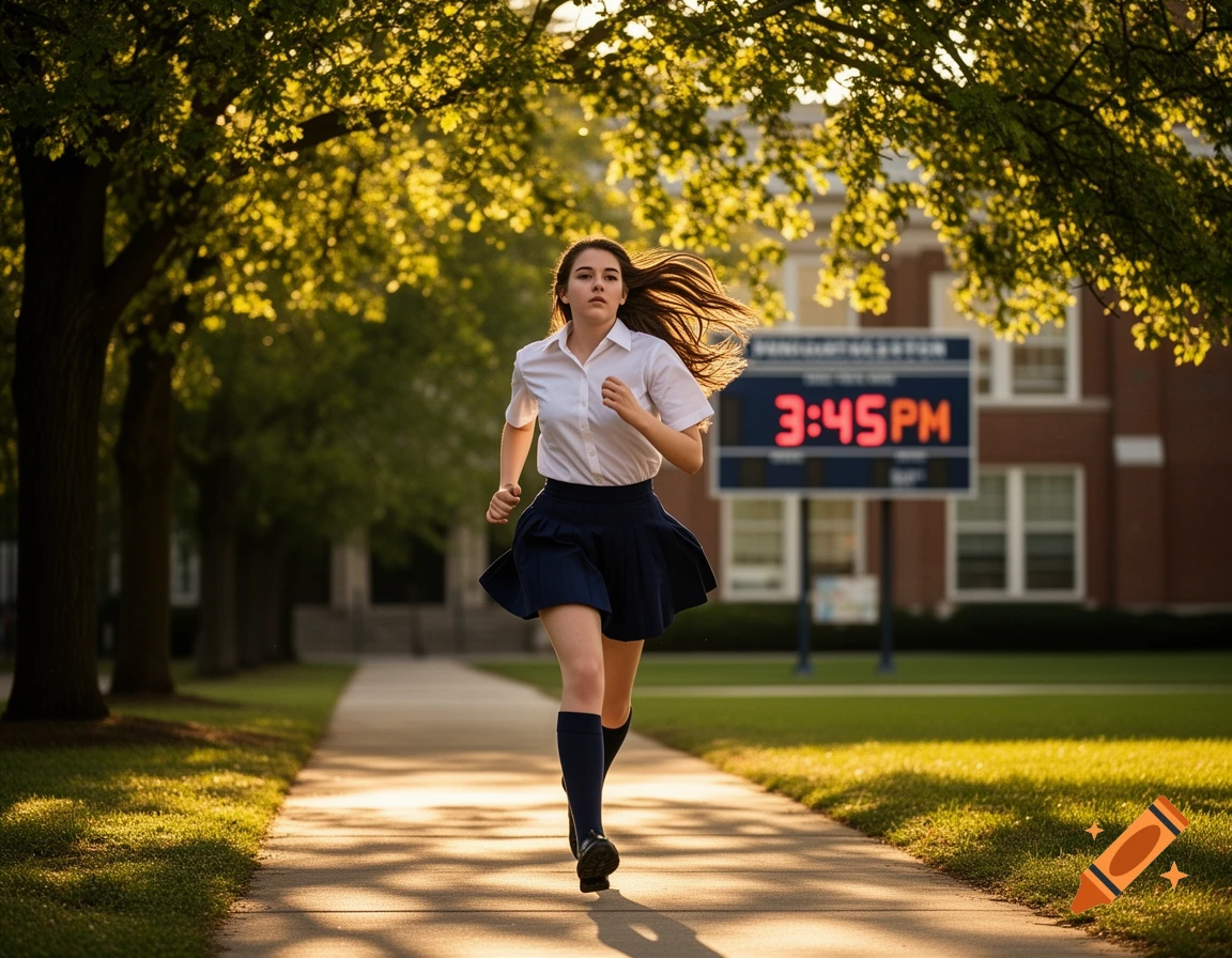 Young woman in a school uniform running on a sunny path, with a school and scoreboard in the background.