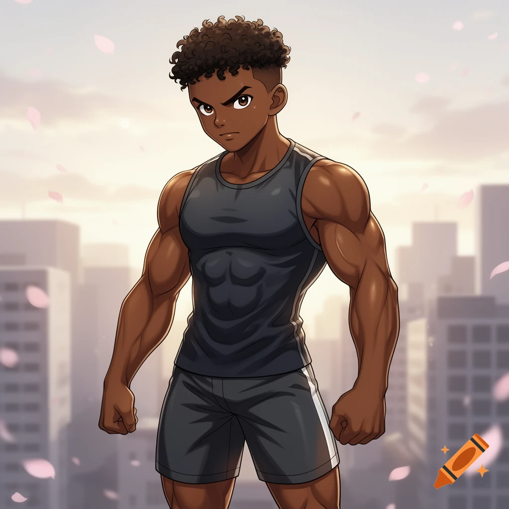 Muscular black anime character with curly hair in a tank top and shorts, standing against a cityscape with falling petals.
