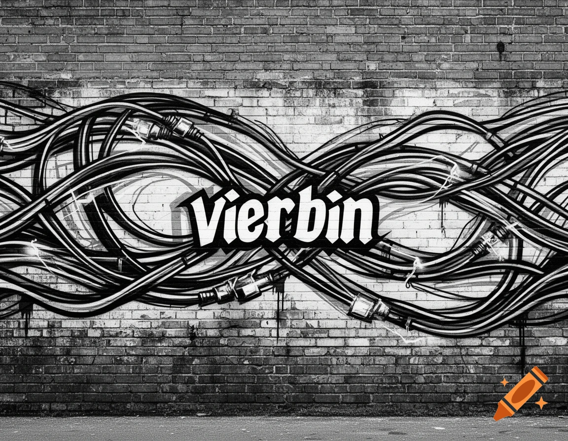 Black and white graffiti on a brick wall with tangled wires and the word 'Vierbin' in a stylized font.