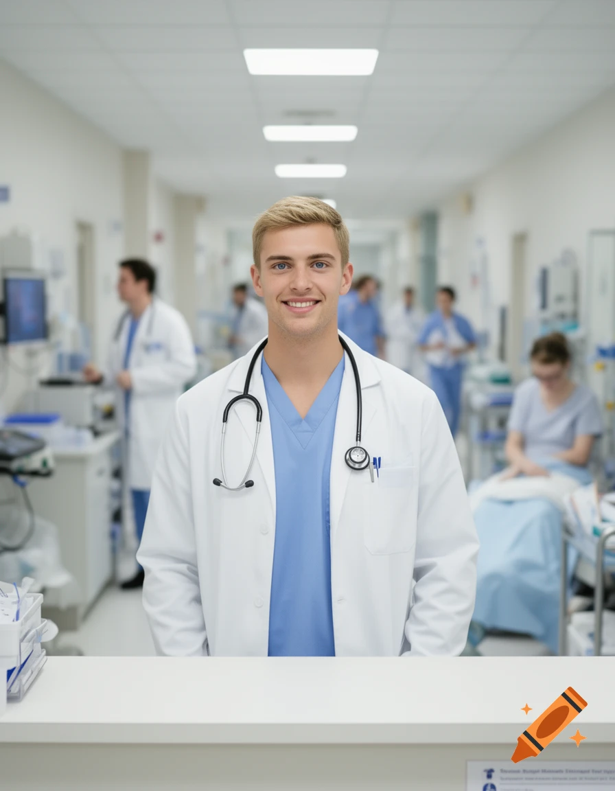 A smiling young male doctor with blonde hair and blue eyes, wearing a white lab coat and stethoscope, stands in a hospital hallway.