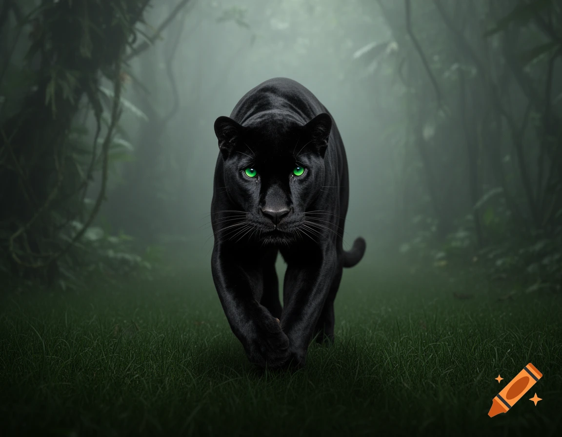 A majestic deep black panther with intense, sparkling green eyes walks through mid-length dark green grass in a misty jungle.