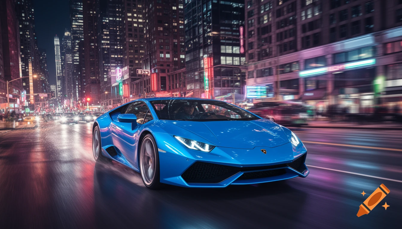 A bright blue Lamborghini speeds through a neon-lit city street at night, with motion blur on the background buildings and traffic lights.