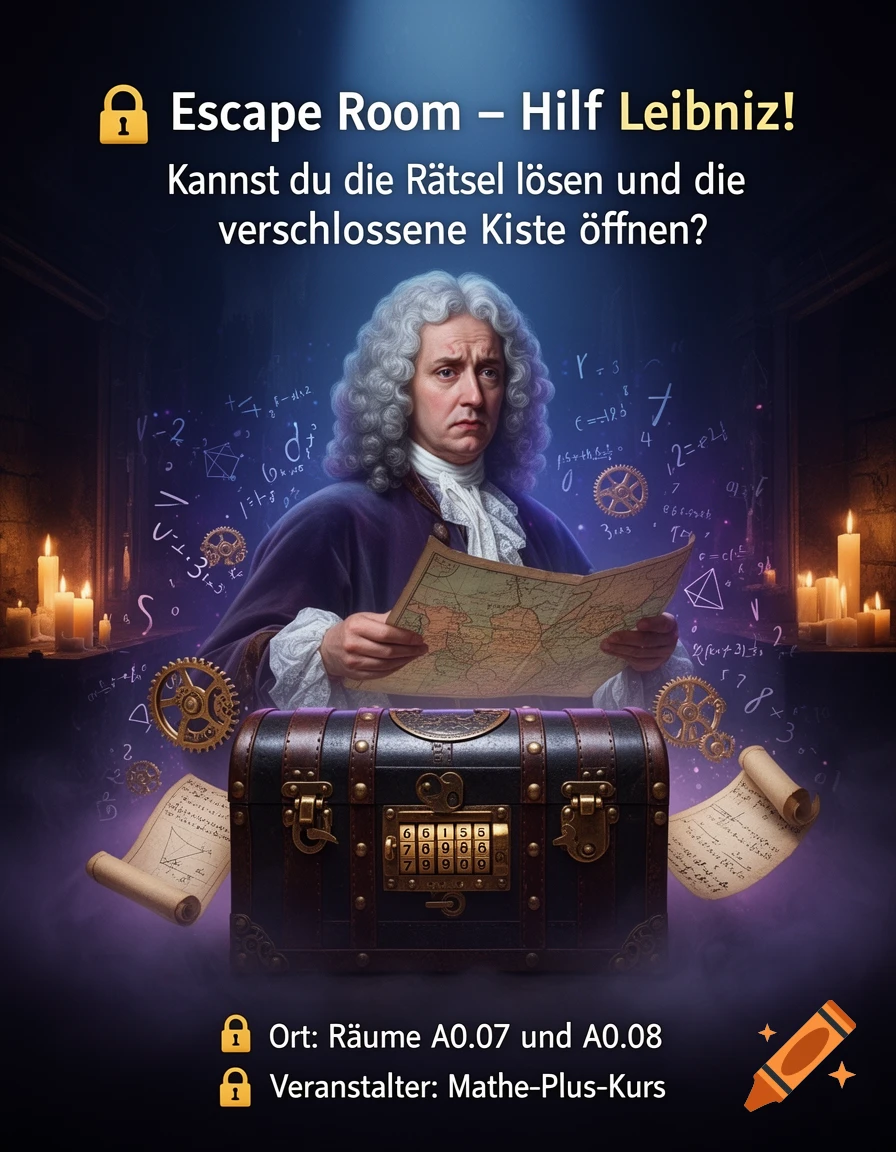 Gottfried Wilhelm Leibniz, holding a map, stands behind a treasure chest with a combination lock, surrounded by mathematical symbols and candles, advertising an escape room.
