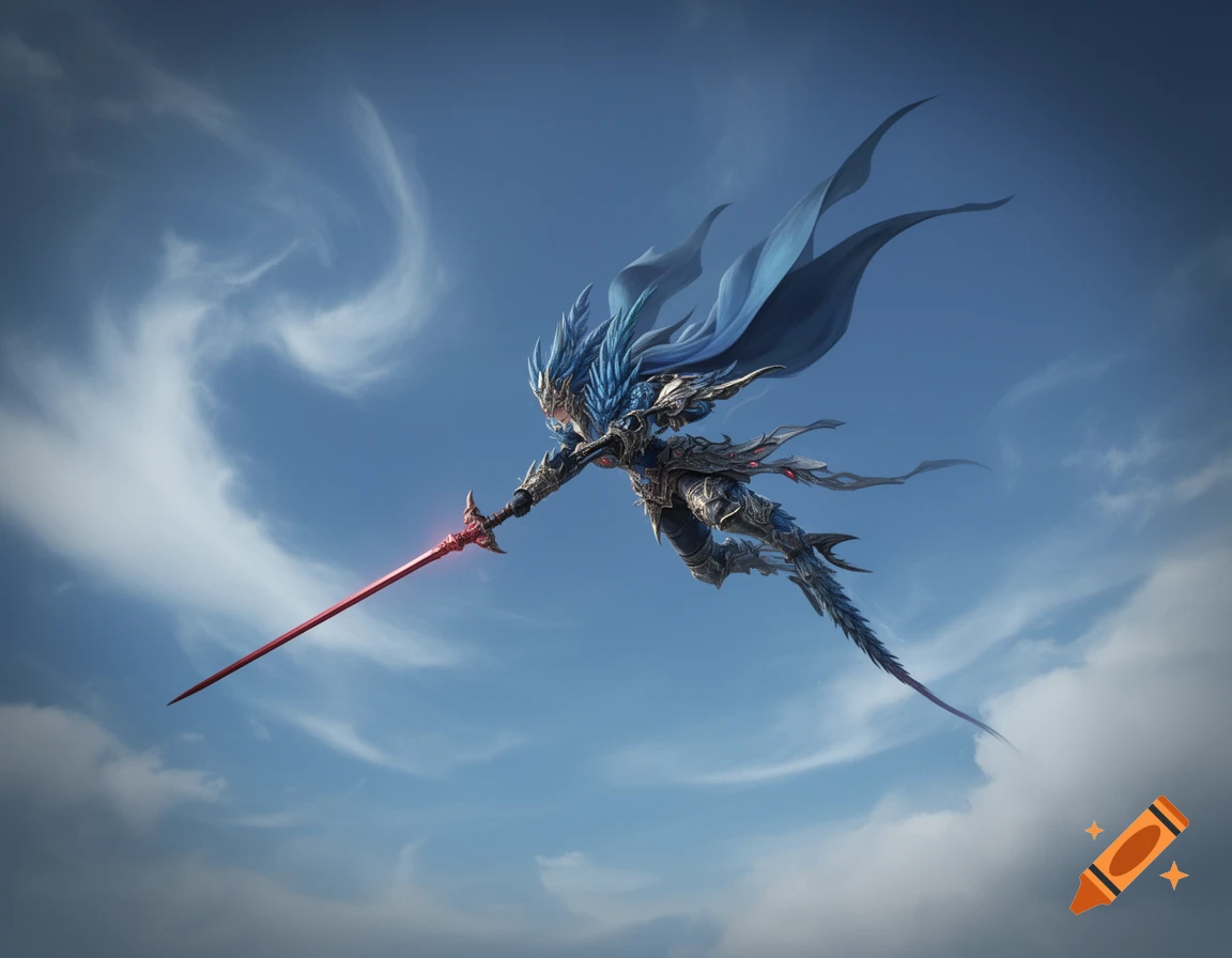 Blue-haired fantasy warrior in ornate armor holding a glowing red sword, diving through a blue sky with clouds.