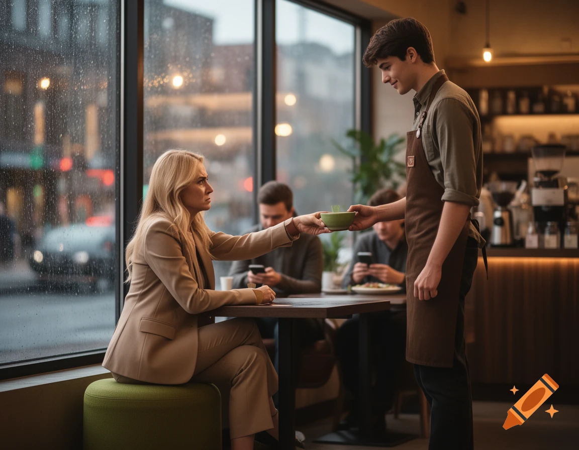 A blonde woman angrily offers a green bowl to a calm barista in a modern, photorealistic coffee shop scene with a rainy street visible outside.