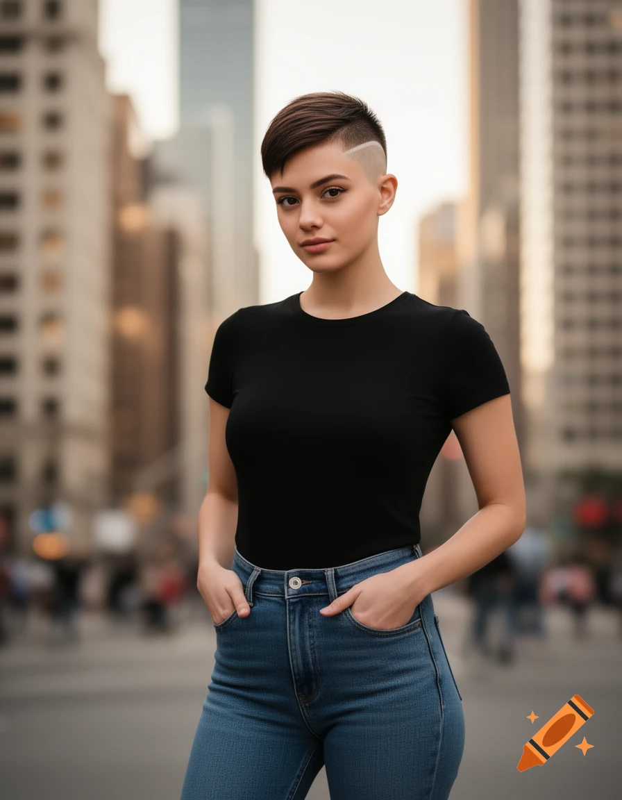 Photorealistic portrait of a young woman with a short undercut haircut, wearing a black t-shirt and jeans, standing with her hands in her pockets on a city street.