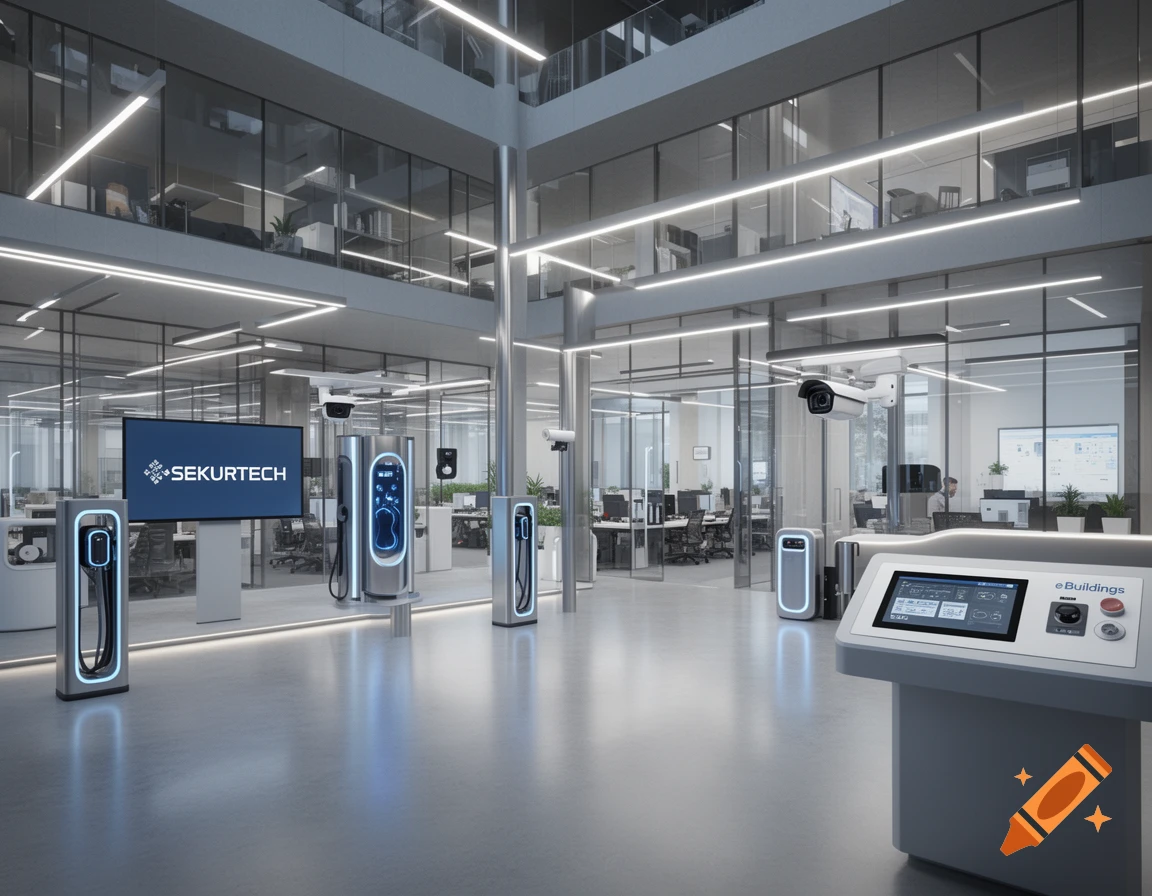 A modern office interior with glass-walled rooms, multiple electric vehicle charging stations, security cameras, and screens displaying "SEKURTECH" and "eBuildings" logos.