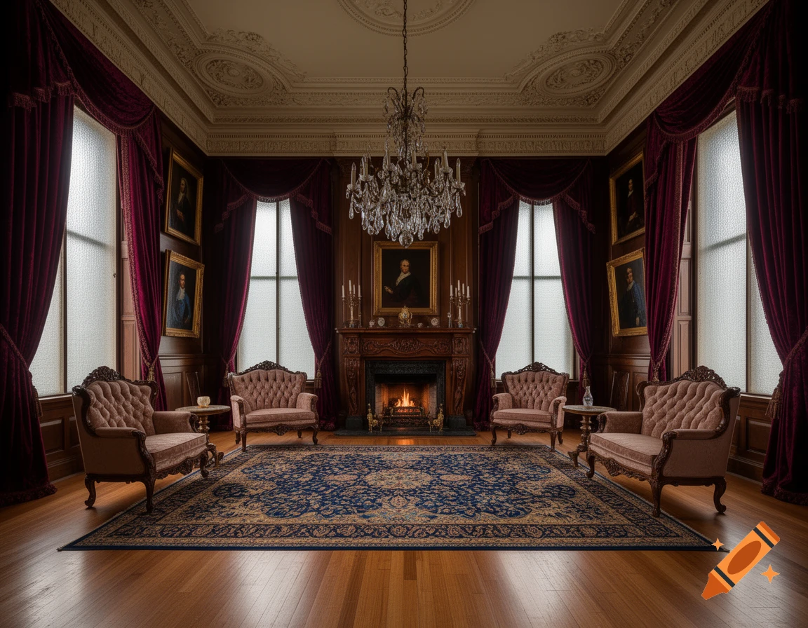 An opulent Victorian-era drawing room with maroon velvet drapes, upholstered furniture, a fireplace, and a crystal chandelier.