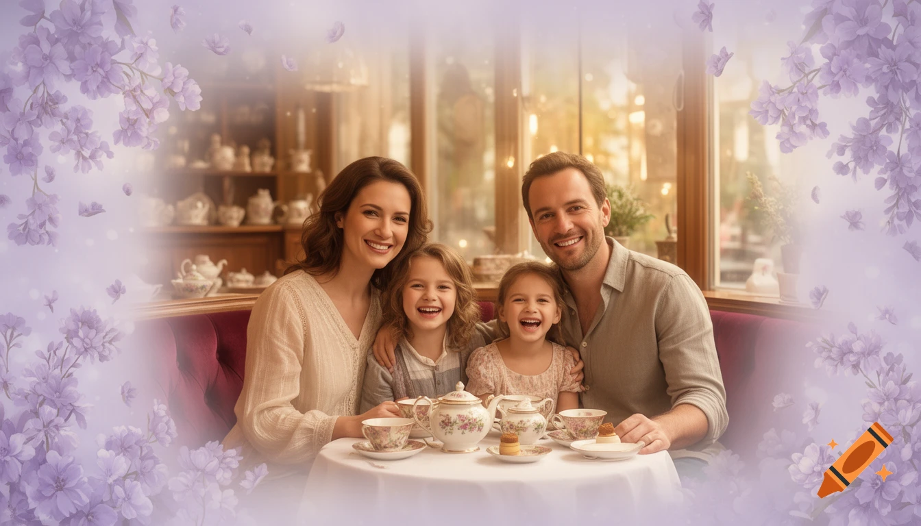 A happy family of four, with two young daughters, having afternoon tea in a cozy tea shop, framed by soft lavender flowers.