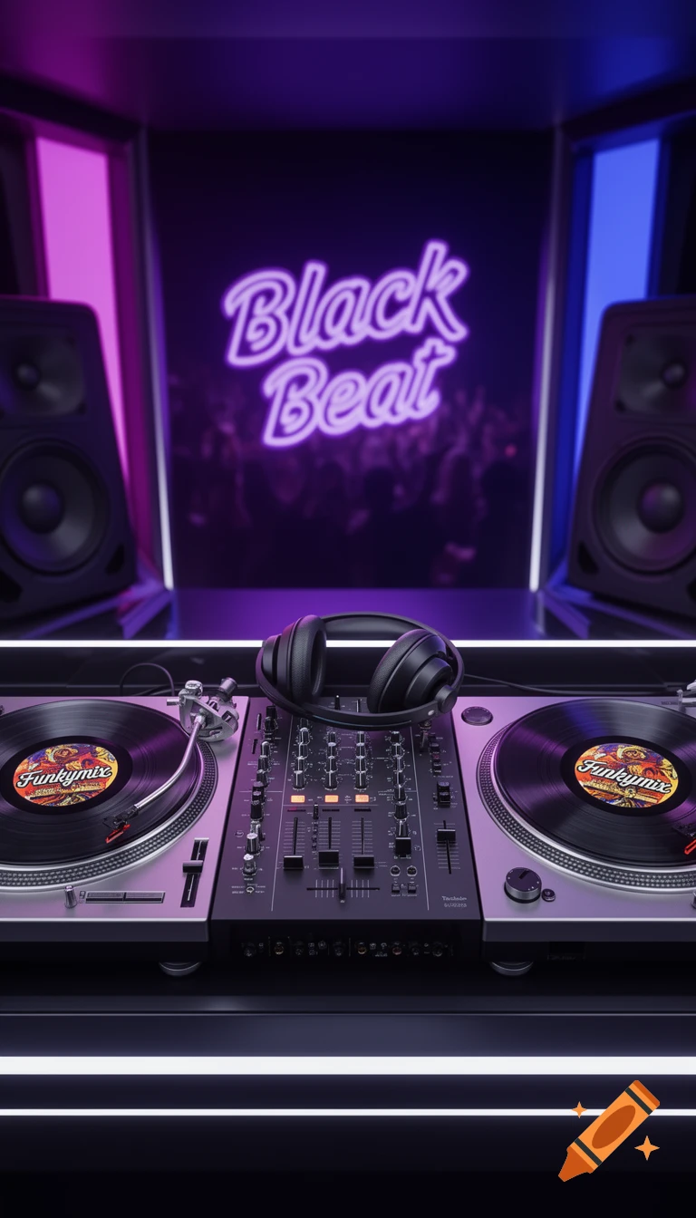 A detailed DJ booth with two turntables, a mixer, and headphones under purple and blue neon lights, featuring a 'Black Beat' sign.