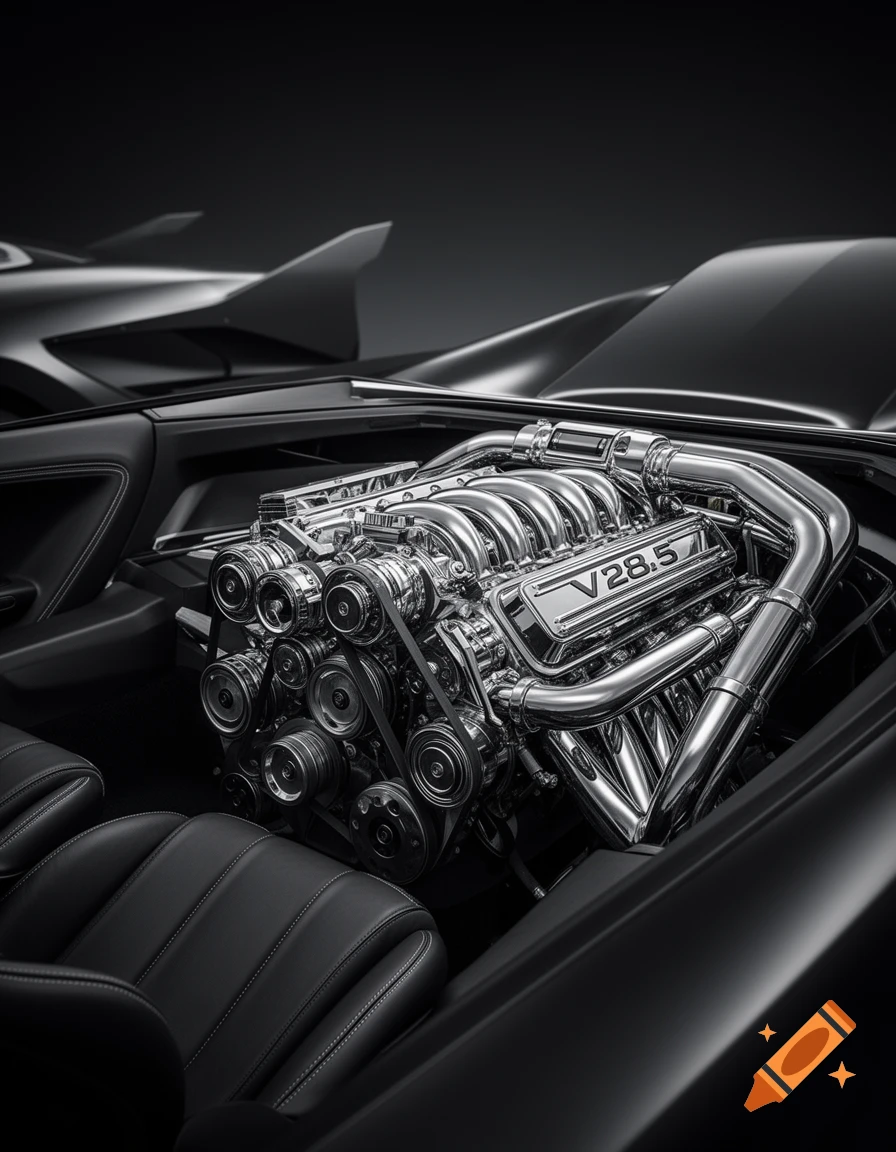 A detailed, monochrome, photorealistic shot of a powerful V28.5 car engine with chrome pipes and belts, nestled in a luxury interior.