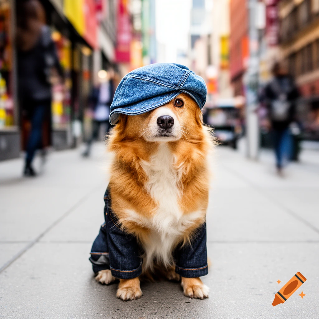 A cute dog wearing a denim newsboy cap and denim jacket sits on a city sidewalk, with blurred buildings and pedestrians in the background.