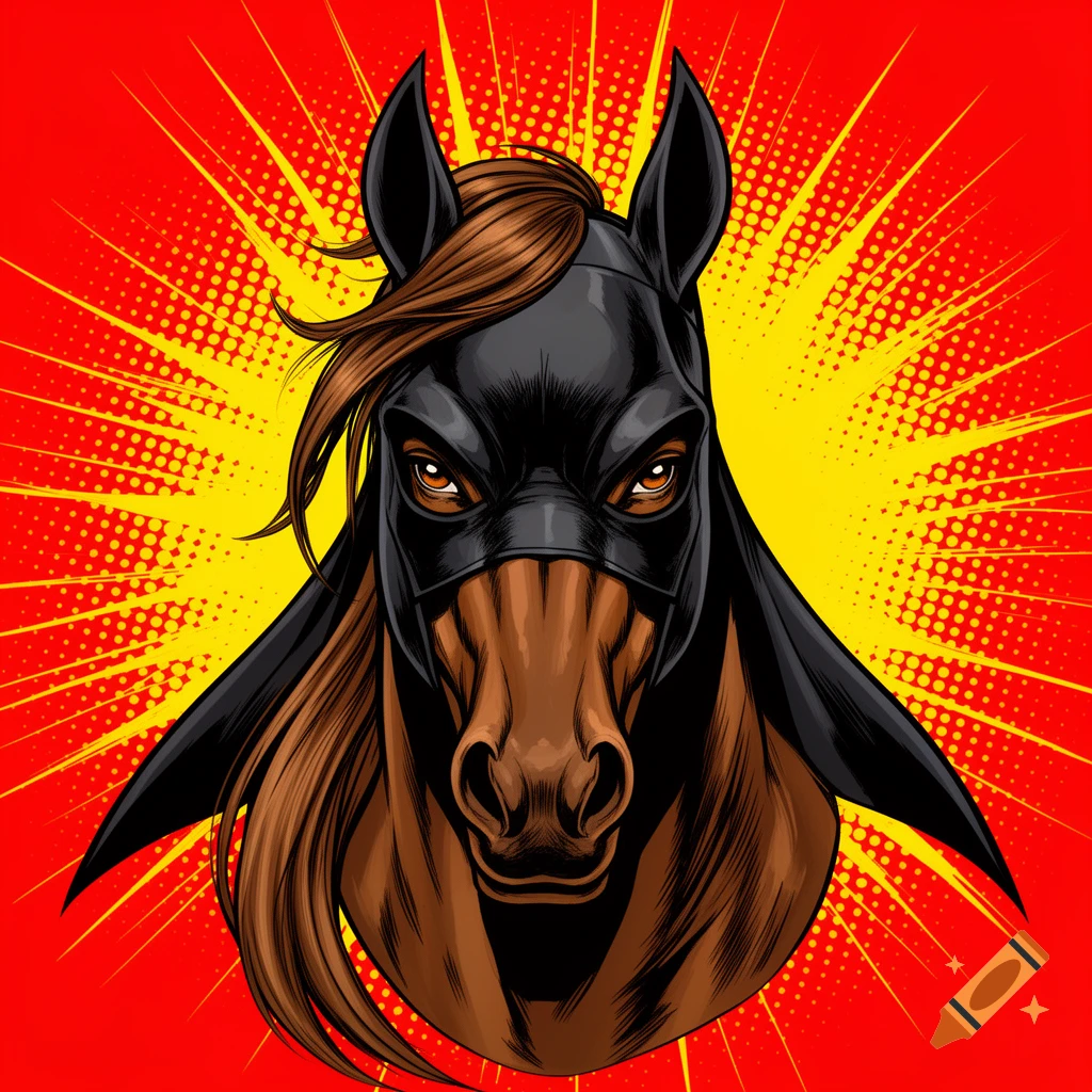 A brown horse head wearing a black Batman-style mask against a red and yellow comic book starburst background.