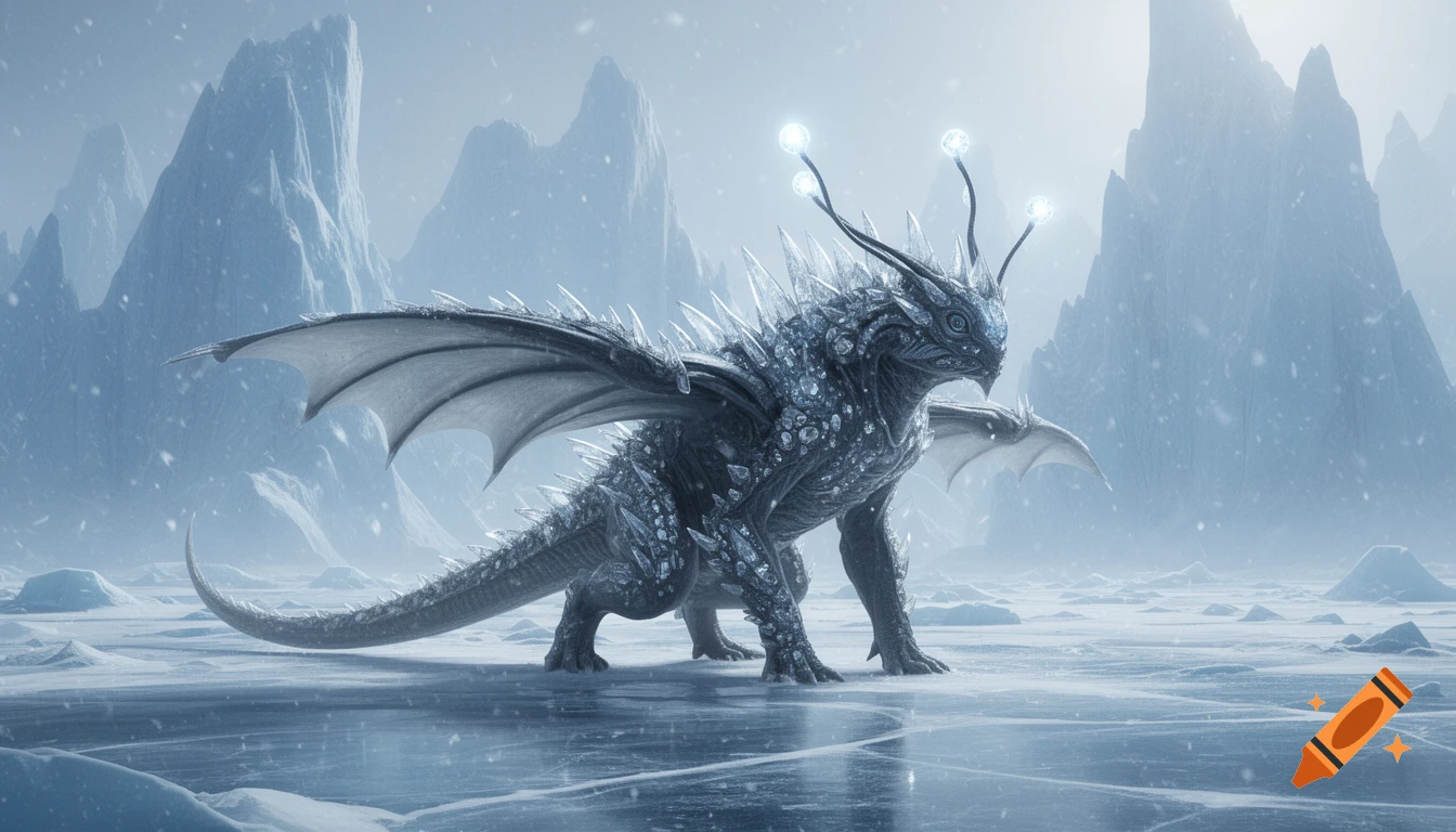 A hyper-realistic ice dragon with crystalline spikes and glowing antennae stands on cracked ice in a snowy glacial tundra.