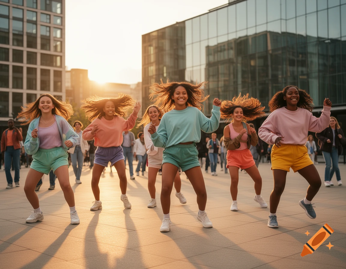 Diverse teen girls with flying hair dance energetically on a city street at sunset.