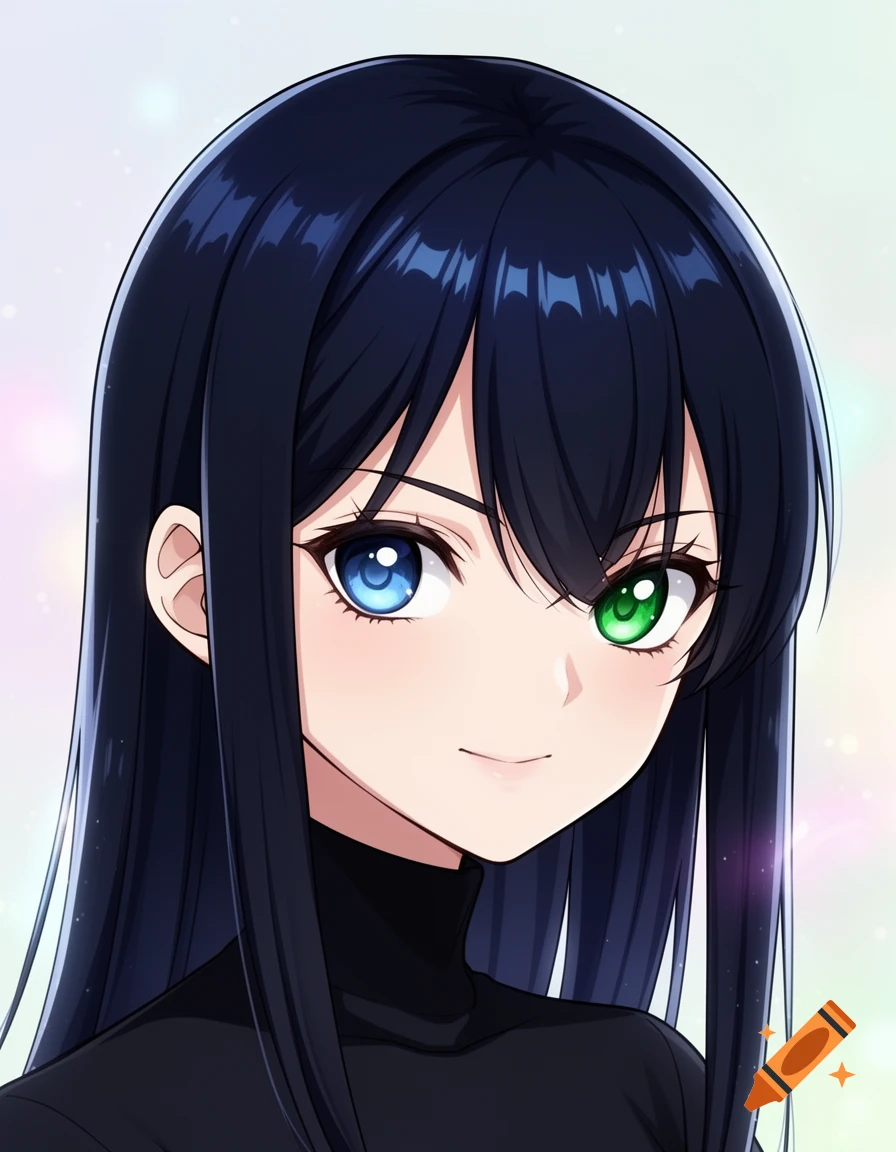 Close-up anime portrait of a girl with long dark hair, one blue eye and one green eye, smiling slightly.