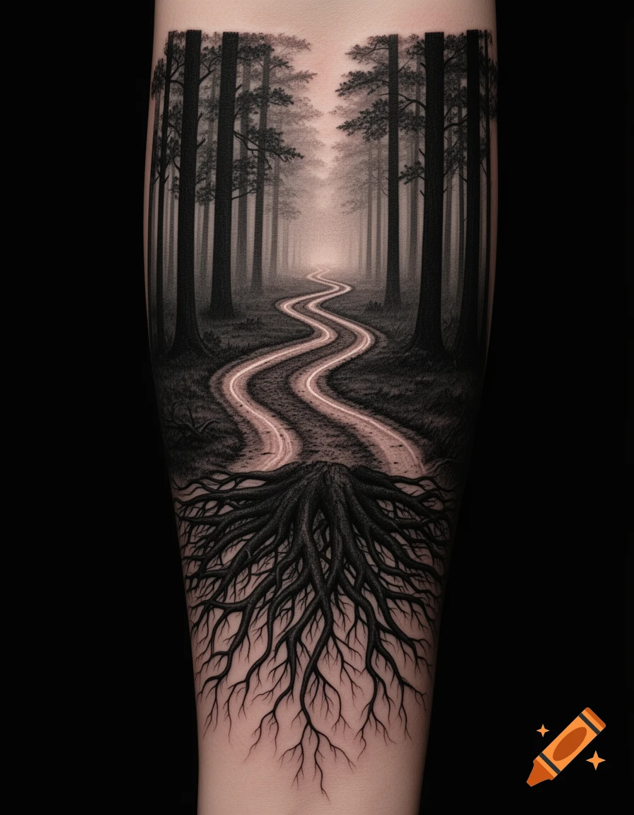 Black and grey tattoo on an arm, depicting a winding path through a misty forest with massive tree roots below.