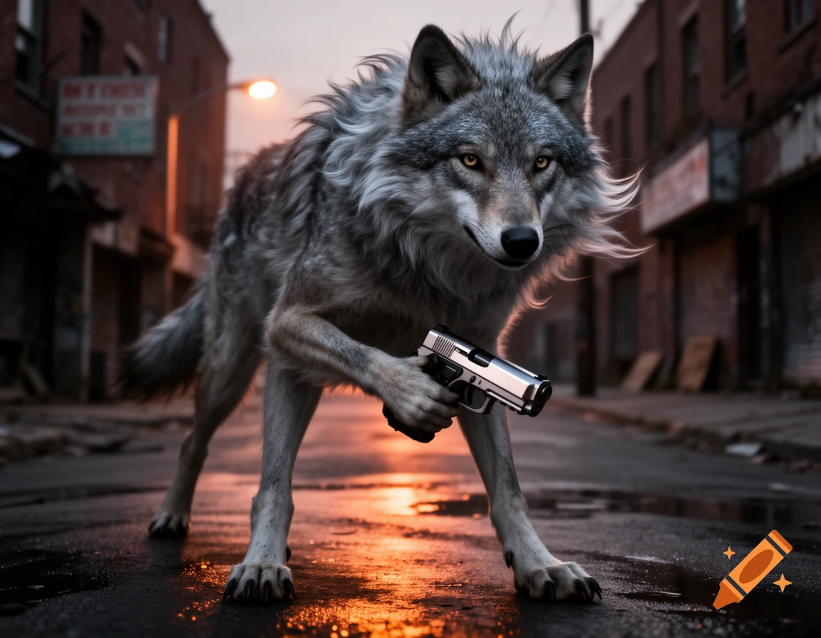 A photorealistic gray wolf holding a silver pistol walks down a wet, dark urban street at sunset.
