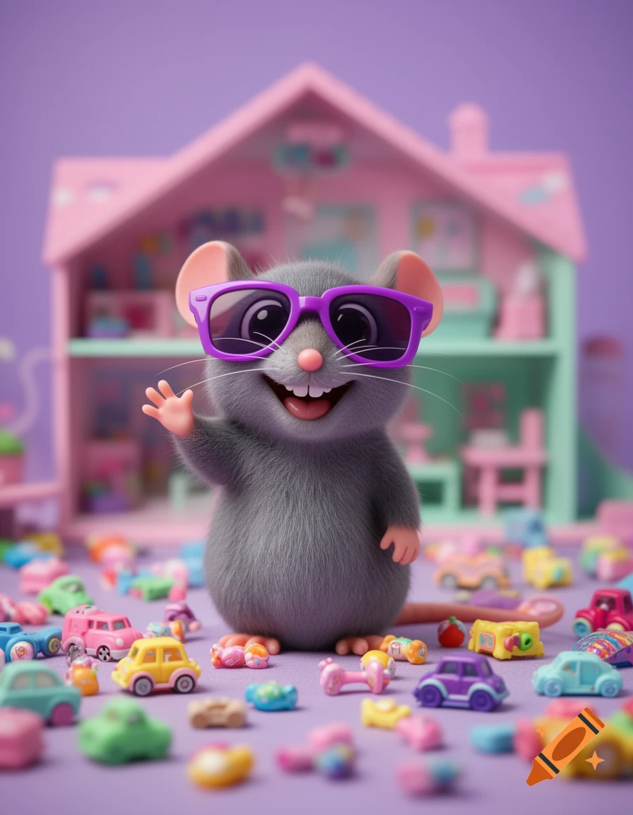 A cute, photorealistic cartoon rat wearing purple sunglasses smiles and waves, surrounded by colorful tiny toys, with a pink dollhouse in the blurred background.
