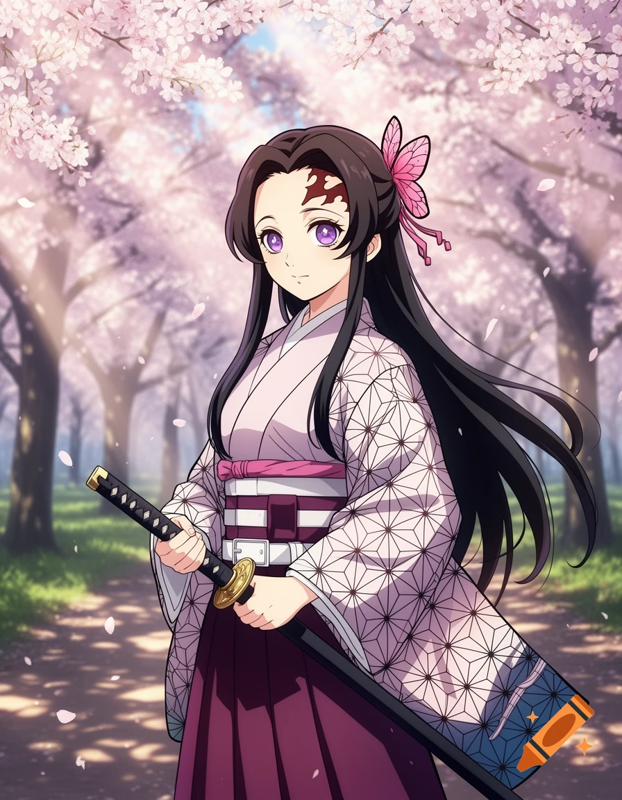 Anime girl Kanao from Demon Slayer, with dark hair and purple eyes, wearing a kimono and holding a katana under cherry blossom trees.