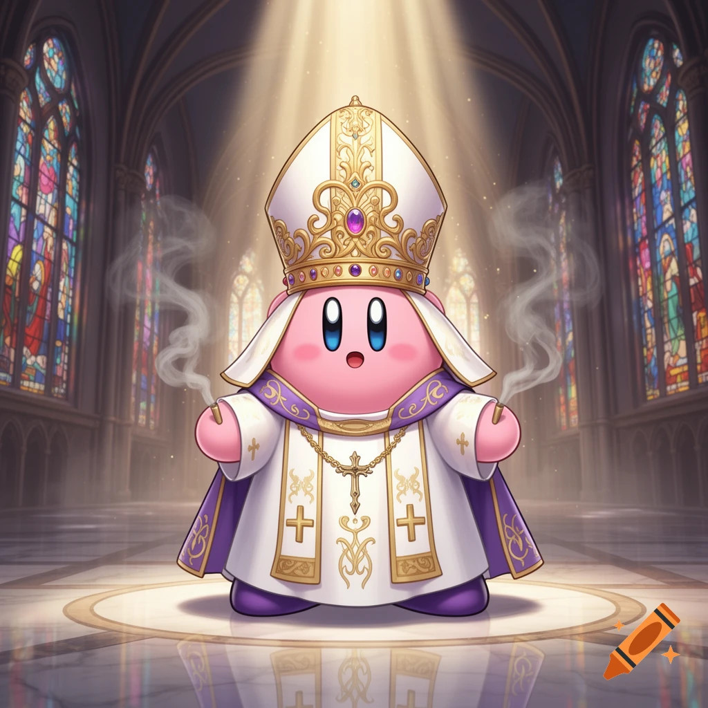 Kirby, dressed as the Pope in white and purple robes with a golden mitre, stands in a grand church with stained glass windows.