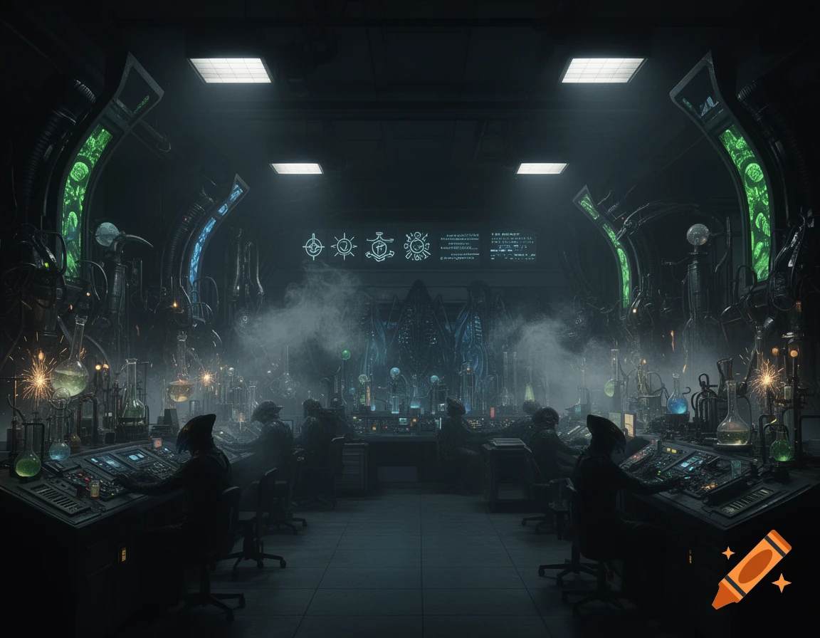A dark, dystopian alien laboratory with figures working at control panels, surrounded by glowing chemicals and smoke.