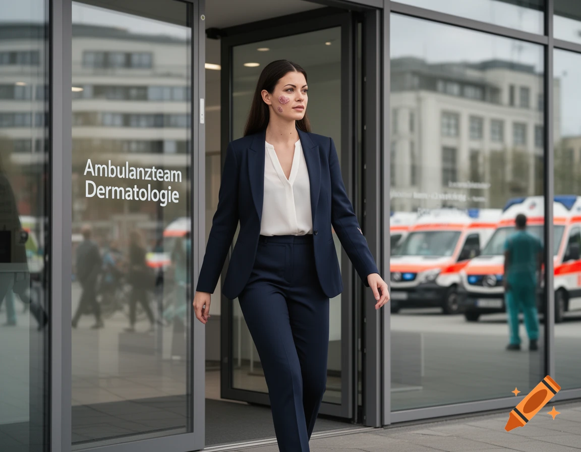 A woman in a navy suit leaves a 'Dermatology' clinic, with a mottled heart shape on her cheek and ambulances in the background.