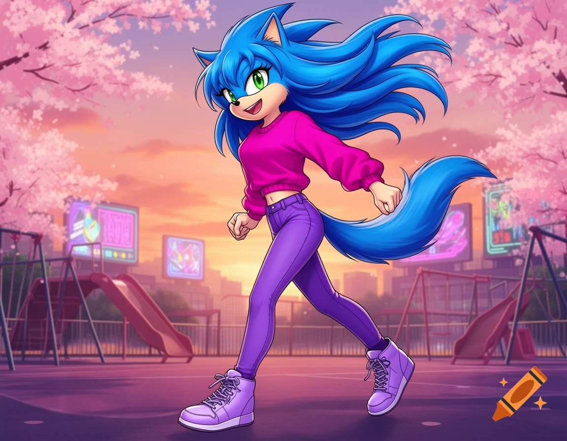 Blue-furred furry girl with long blue hair, magenta cropped sweatshirt, purple pants, and lavender sneakers, walking in a cherry blossom park at sunset.