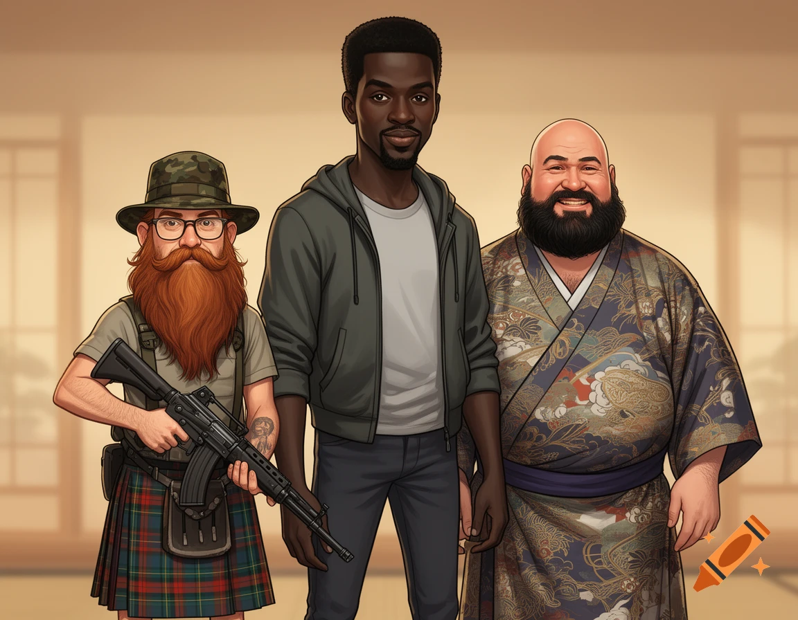 A cartoon illustration of three men: a red-bearded man in a kilt holding a machine gun, a black man in a hoodie, and a bald man in a kimono.