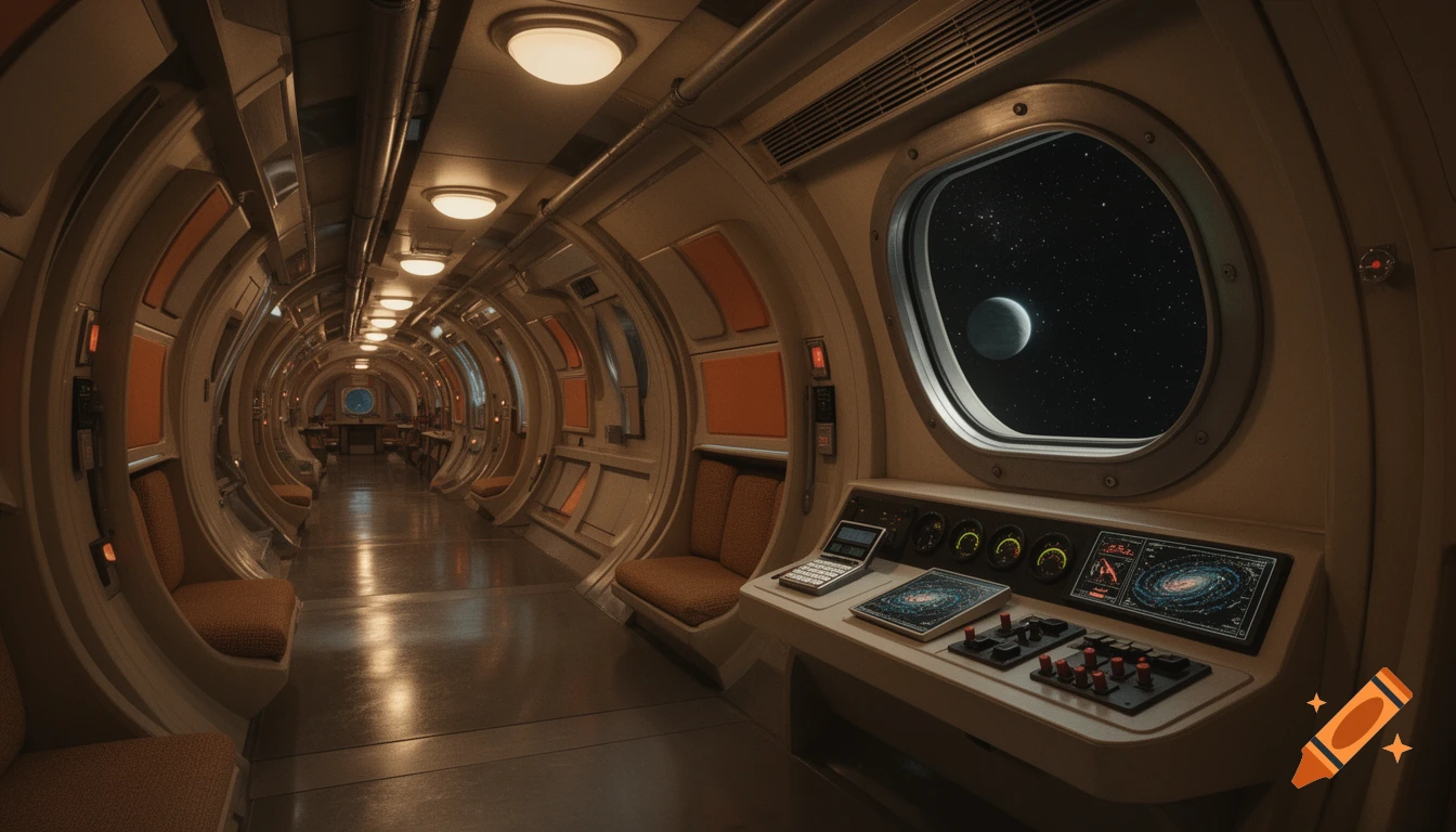 A retro-futuristic 70s-style space station interior with a long corridor, control panel, and a view of a moon and stars from a porthole.