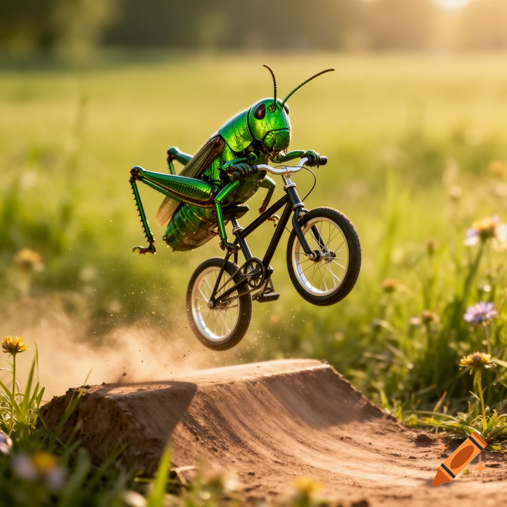 A shiny green grasshopper rides a small black bicycle, launching off a dirt ramp into the air, kicking up dust in a sunny field.