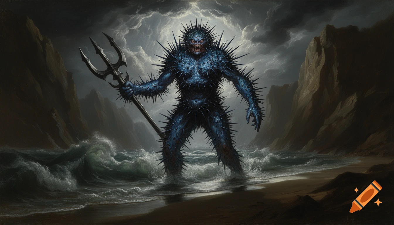 A terrifying, spiny humanoid sea urchin monster with a trident hand emerges from stormy waves onto a dark beach.