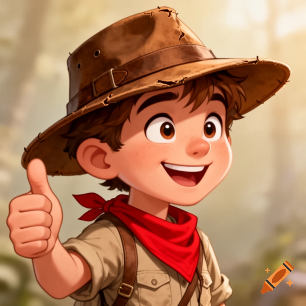 A smiling cartoon boy in an explorer hat and red bandana gives a thumbs up in a jungle setting.