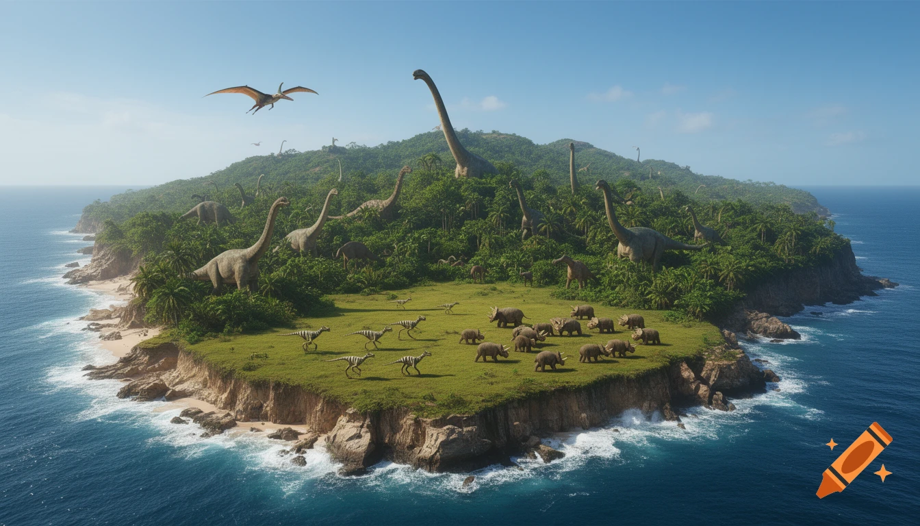 A lush, tropical island teeming with various dinosaurs, including long-necked sauropods, triceratops-like creatures, and smaller raptors.