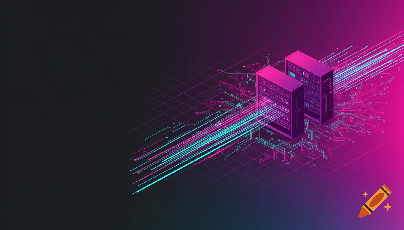 An abstract isometric view of two server racks and a circuit board, with glowing pink and cyan data streams against a dark background in a synthwave style.