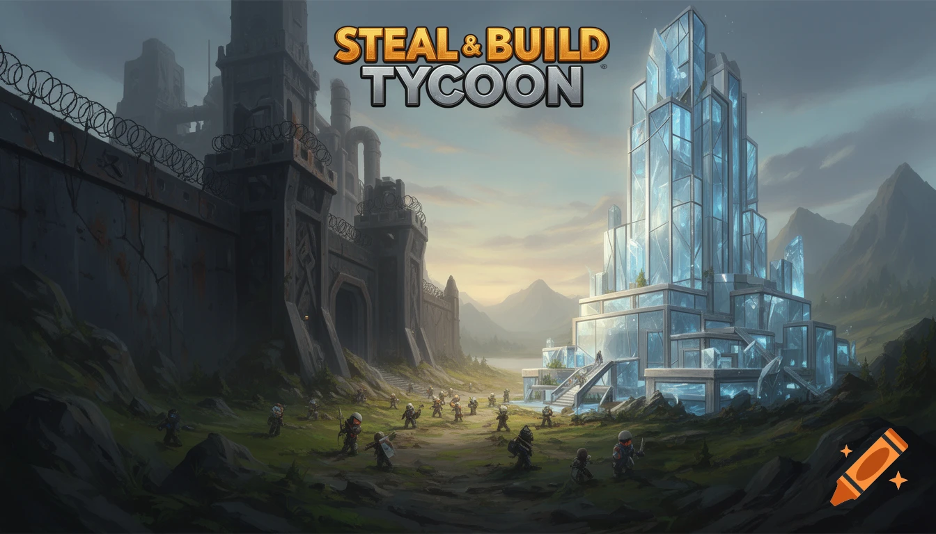Concept art for 'STEAL & BUILD TYCOON' game, showing a vast landscape with a dark fortress, a bright glass skyscraper, and small characters, in a painterly style.