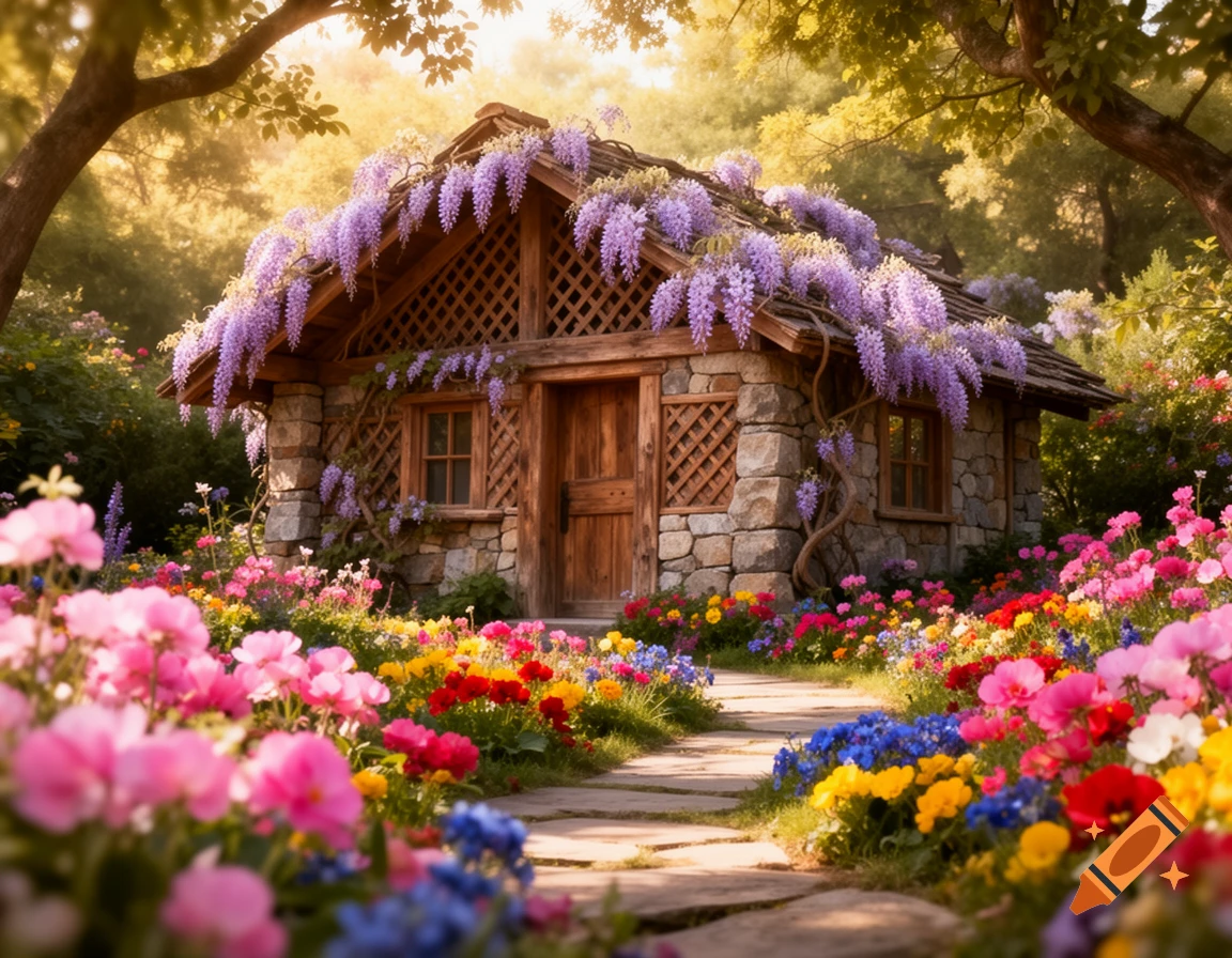 Idyllic stone and wood cottage covered in purple wisteria, surrounded by a vibrant flower garden with a stone path.