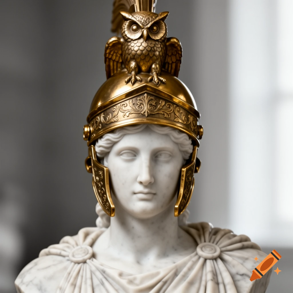 Close-up of a marble bust of Athena wearing an ornate golden war helmet topped with an owl.