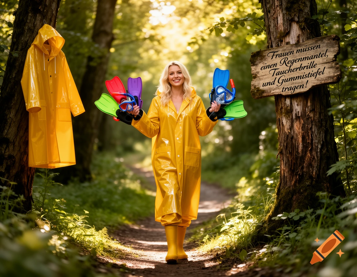 Smiling woman in yellow raincoat on a sunny forest path, holding colorful diving gear, with a raincoat on a tree and a German sign.