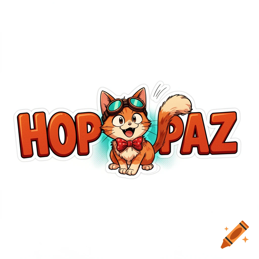 Cartoon orange cat in aviator goggles and a red bow tie, sitting between the words "HOP" and "PAZ" in a sticker style.
