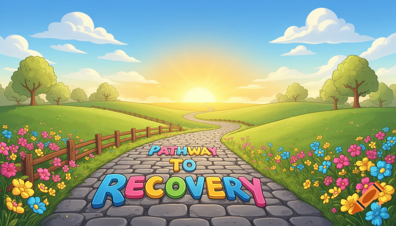 A vibrant cartoon landscape with a cobblestone path spelling "Pathway to Recovery" winding through green hills and colorful wildflowers towards a sunrise.