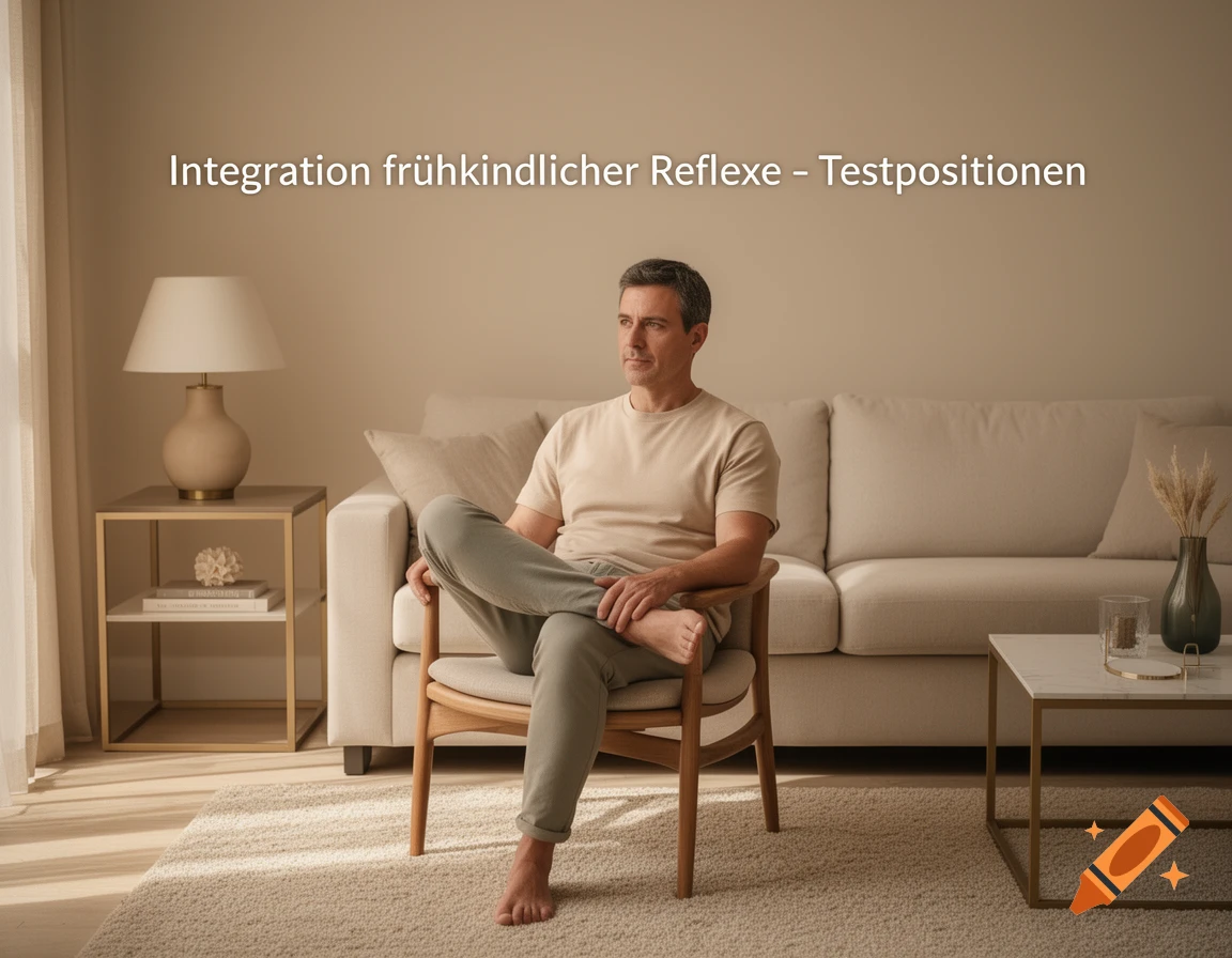 A man sits barefoot on a wooden chair in a minimalist living room, with text "Integration fr r hkindlicher Reflexe - Testpositionen" on the wall.