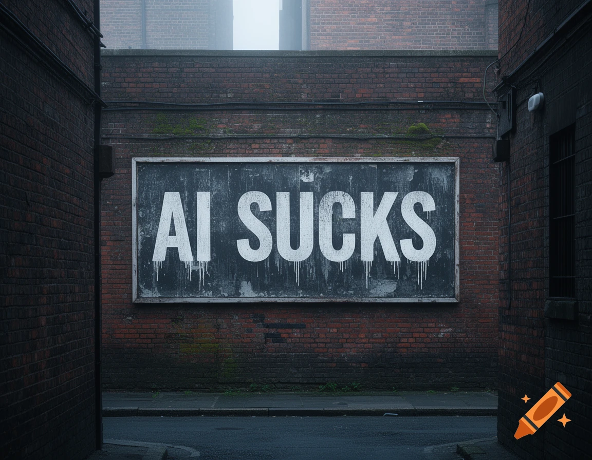 A large sign displaying "AI SUCKS" on a brick wall in a misty urban alleyway, with dark buildings on either side.