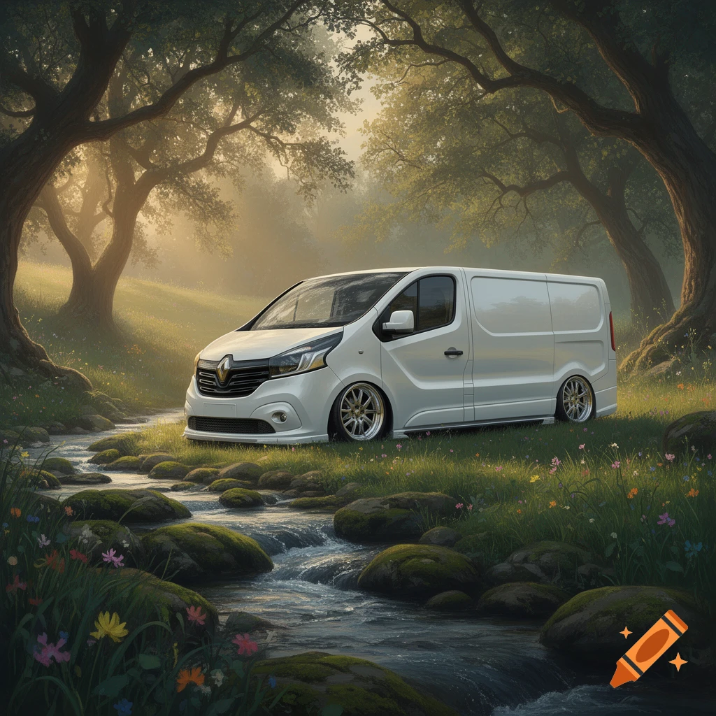 A white Renault Trafic van, modified, parked beside a rocky stream in a misty, sunlit forest.