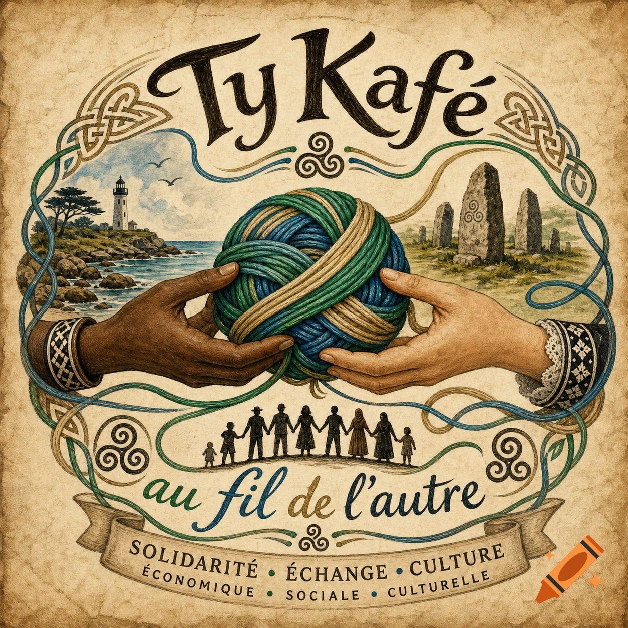 Antique-style logo with two hands, one dark-skinned, one light-skinned, holding a ball of blue, green, and tan yarn. Celtic knotwork frames scenes of a lighthouse and megaliths. Text 'Ty Kafé au fil de l'autre' and 'SOLIDARITÉ ÉCHANGE CULTURE ÉCONOMIQUE SOCIALE CULTURELLE' is present.