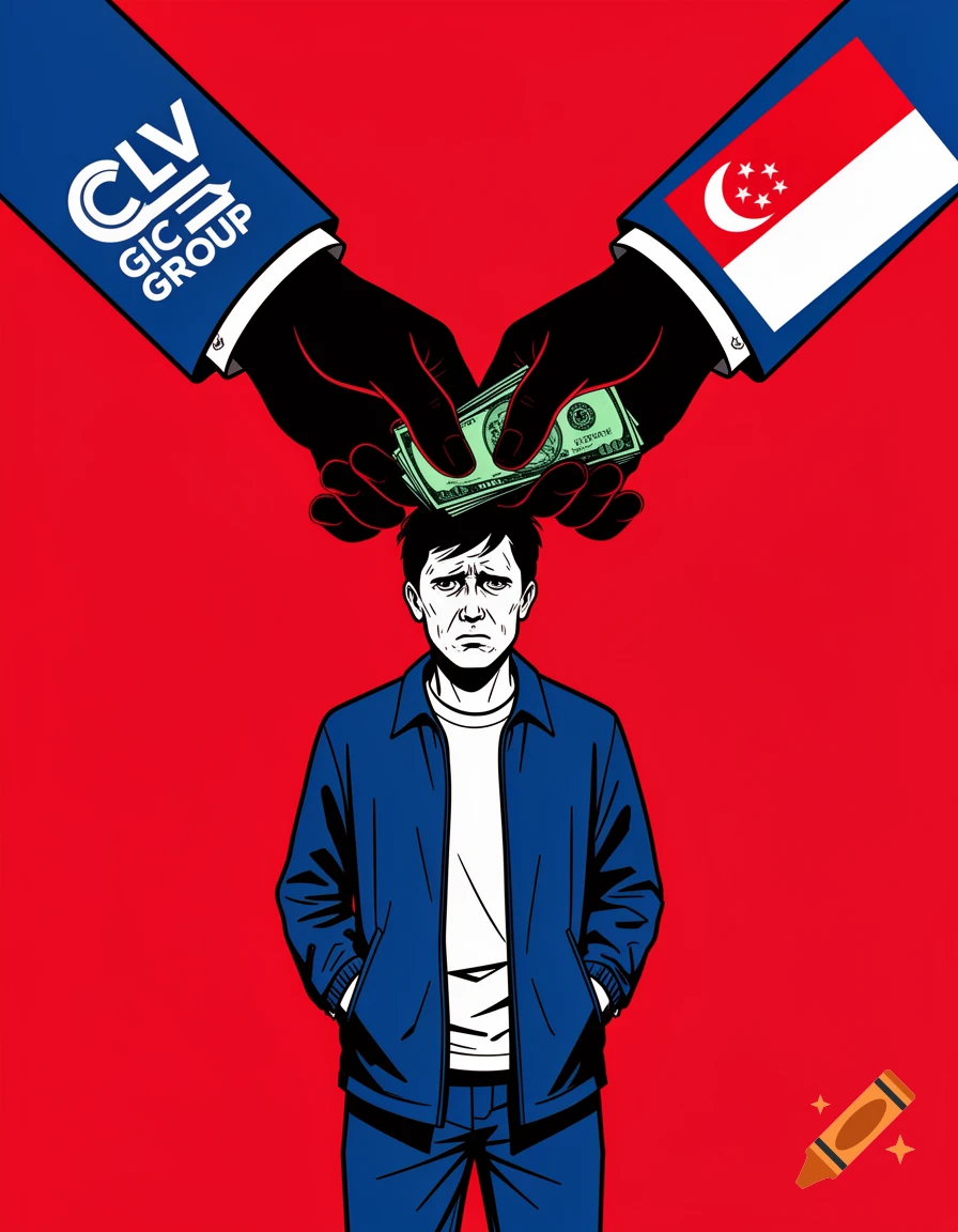 A distressed man stands as two large hands, one with a 'CLV GIC GROUP' logo and the other with a Singapore flag, reach down to take money above his head. Minimalist protest art style.