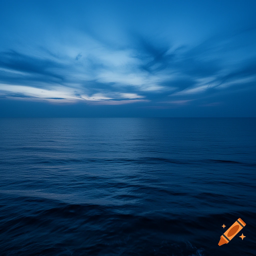 Vast dark blue ocean under a cloudy dark blue sky at twilight.