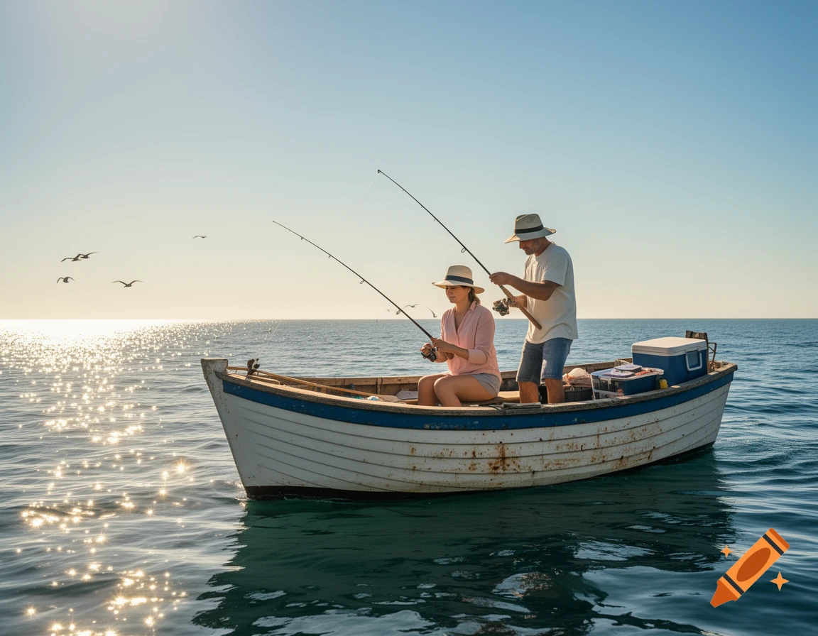 A man and a woman fishing from a small boat on the calm ocean with sun glare on the water and birds flying.