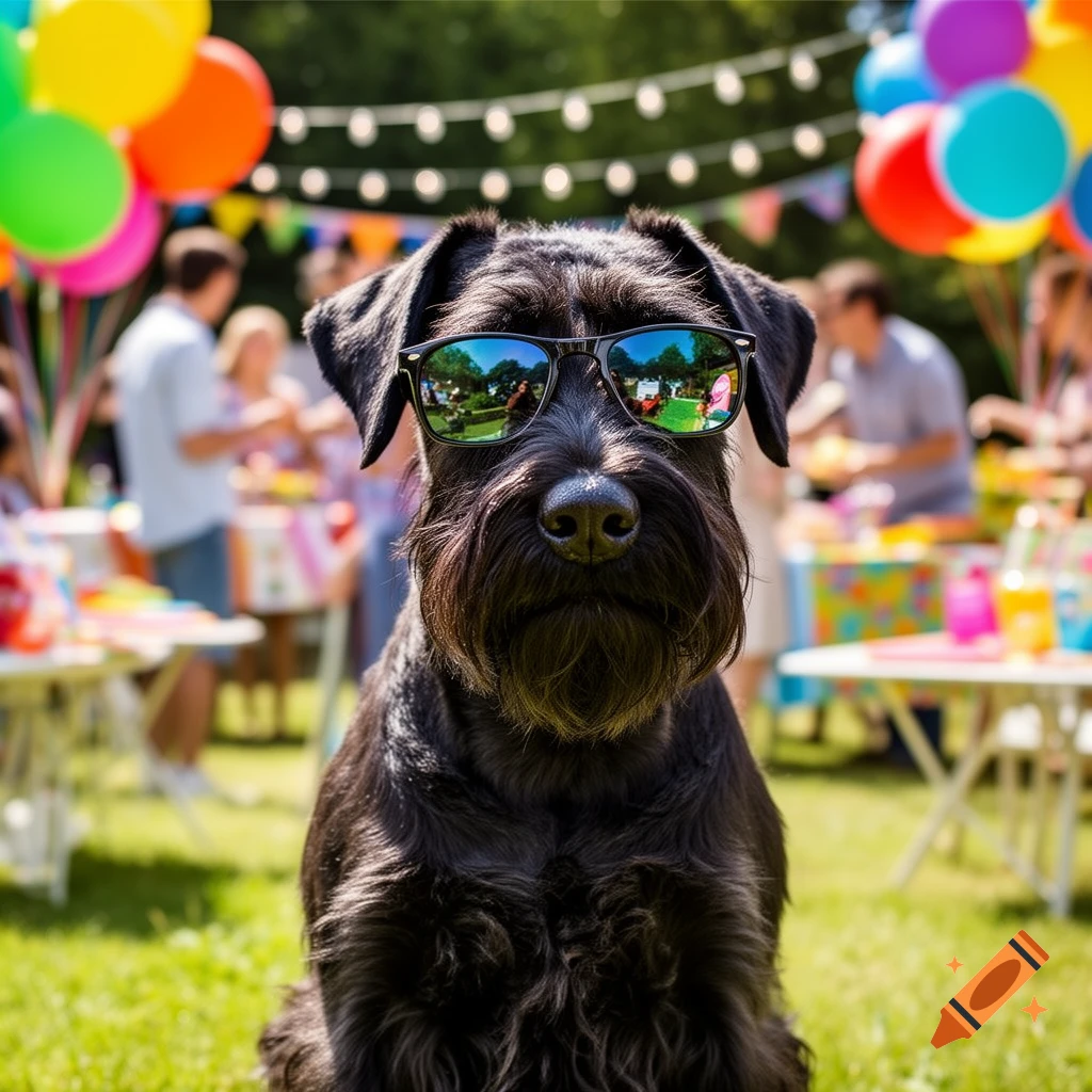 Photorealistic black Schnauzer dog wearing sunglasses, looking directly at the camera at a vibrant outdoor party with balloons.